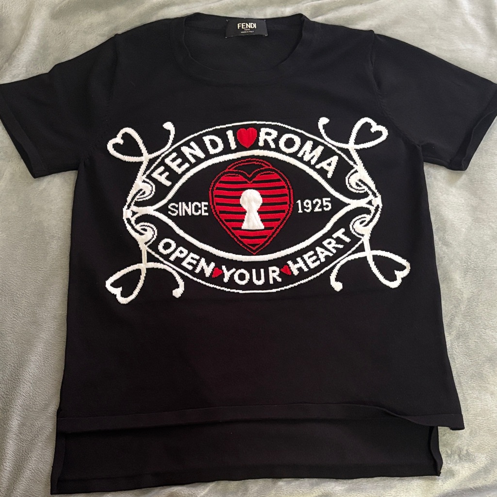 Fendi Black T-Shirt With Red And White Heart Graphic